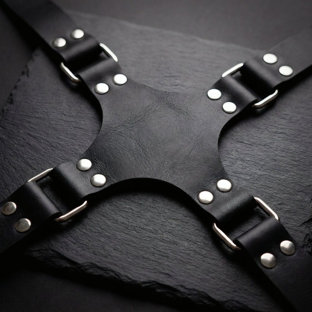 Détail de la pièce dorsale en X et des boucles carrées rivetées