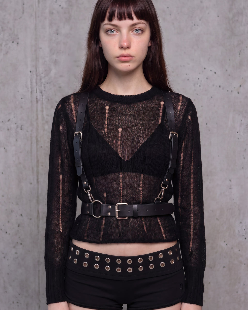 Harnais ceinture Éris en cuir vegan noir porté sur un pull ajouré noir, vue de face