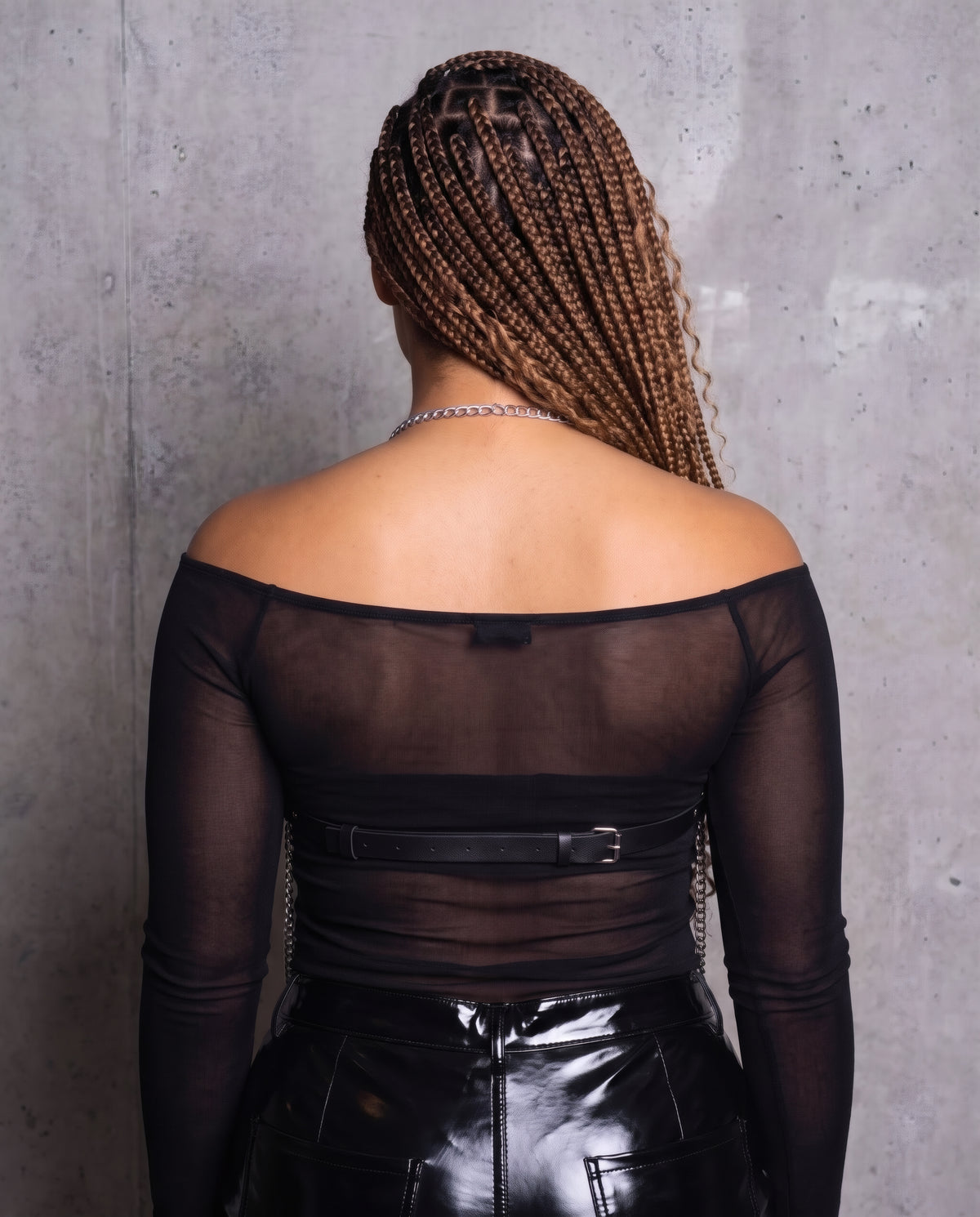 Harnais Lamia porté, vue de dos : chaîne licou et sangle à boucle